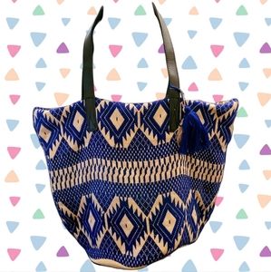 Large Blue Geometric Bohemian Tassel Tote by Stephanie Nicole NY Bag in EUC